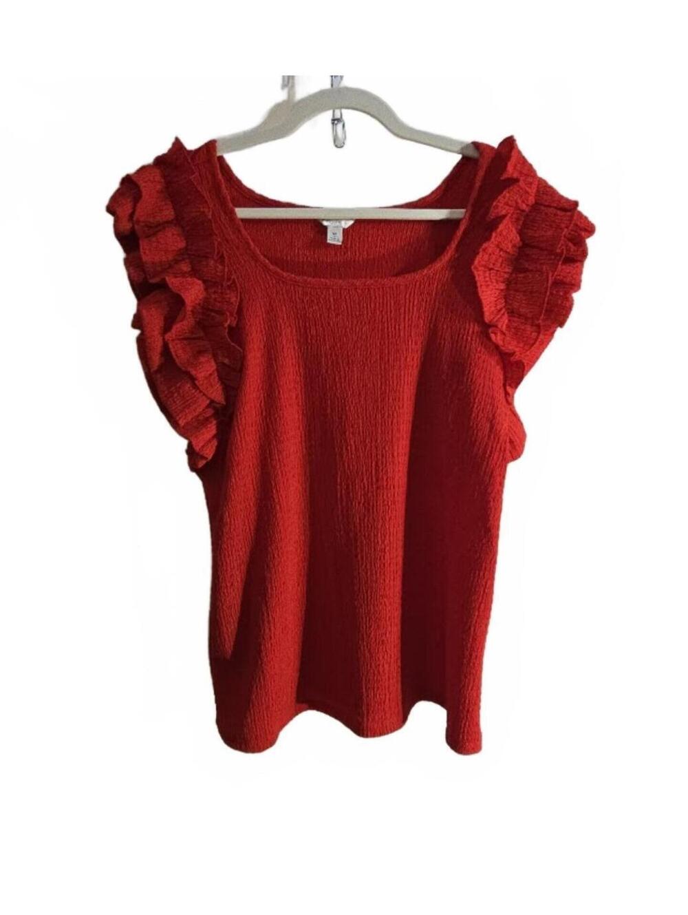 CATO Red Ruffle Sleeve Textured Top Size M